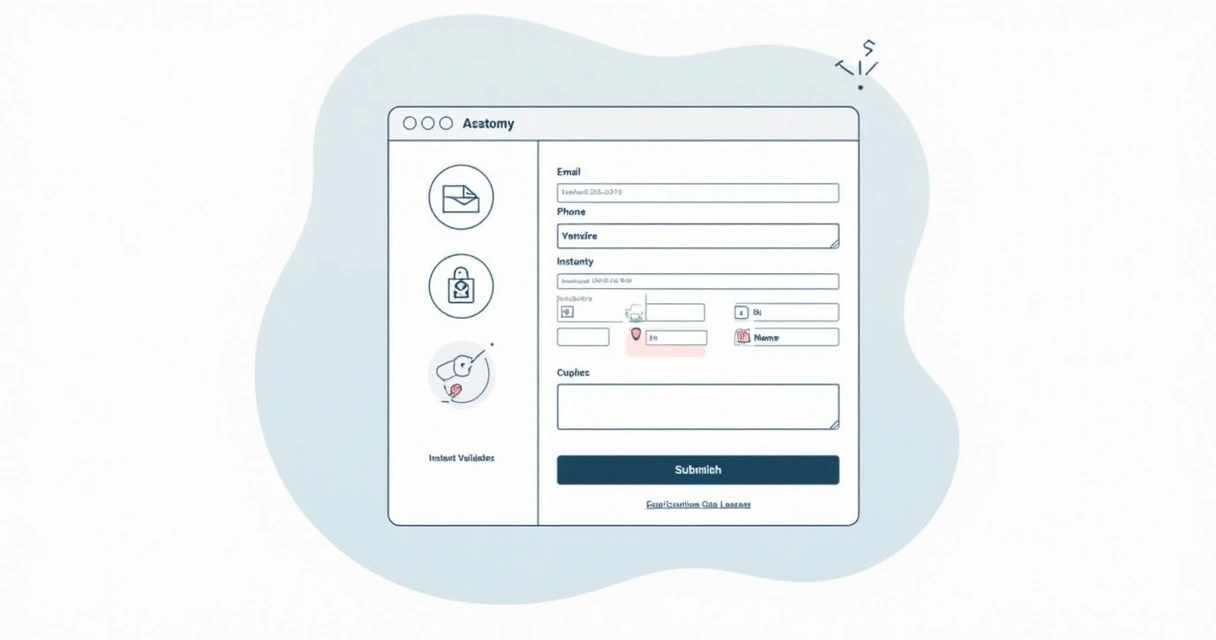 Esquema visual de um formulário digital com campos, rótulos, botão de envio e feedback de validação