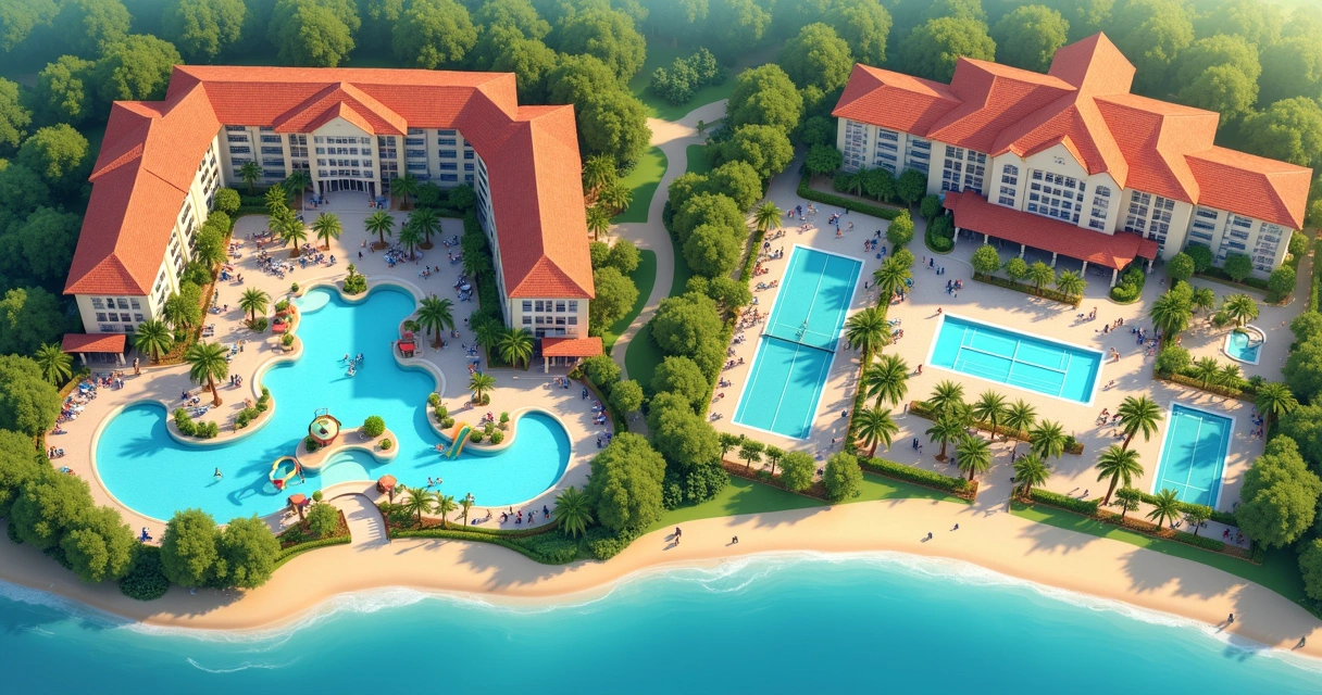 Leisure area of a condominium in Orlando, with a large water park, pool, courts, and clubhouse, showing the difference in size and focus on entertainment. 