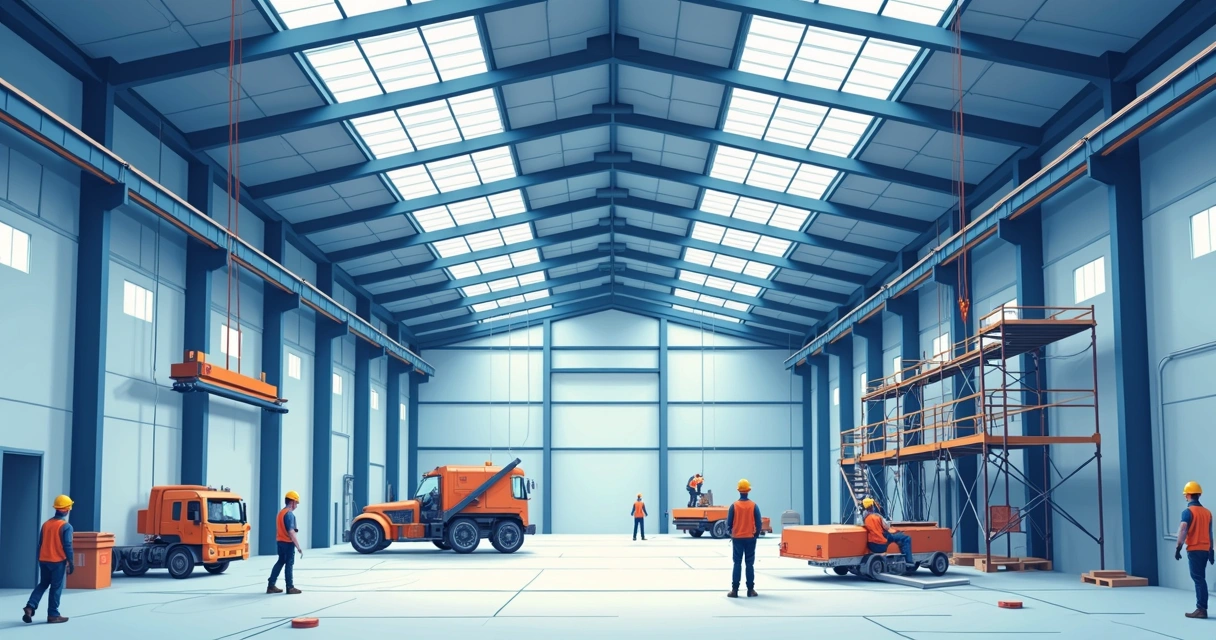 Cobertura metálica industrial em montagem. 