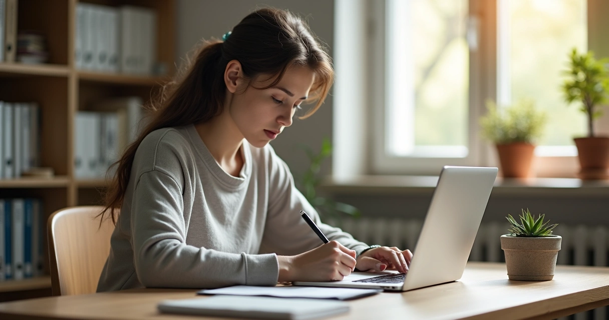 Jovem estudando administração em casa com laptop e caderno 