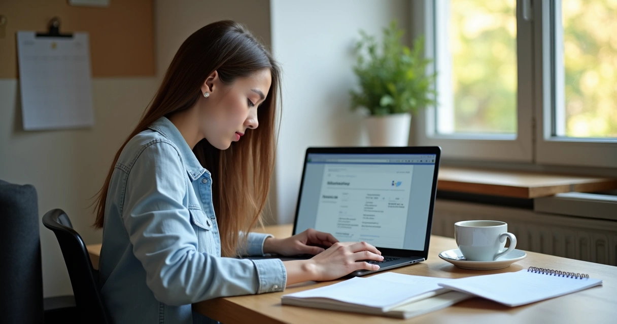 Pessoa estudando administração em laptop na mesa, com materiais de apoio.