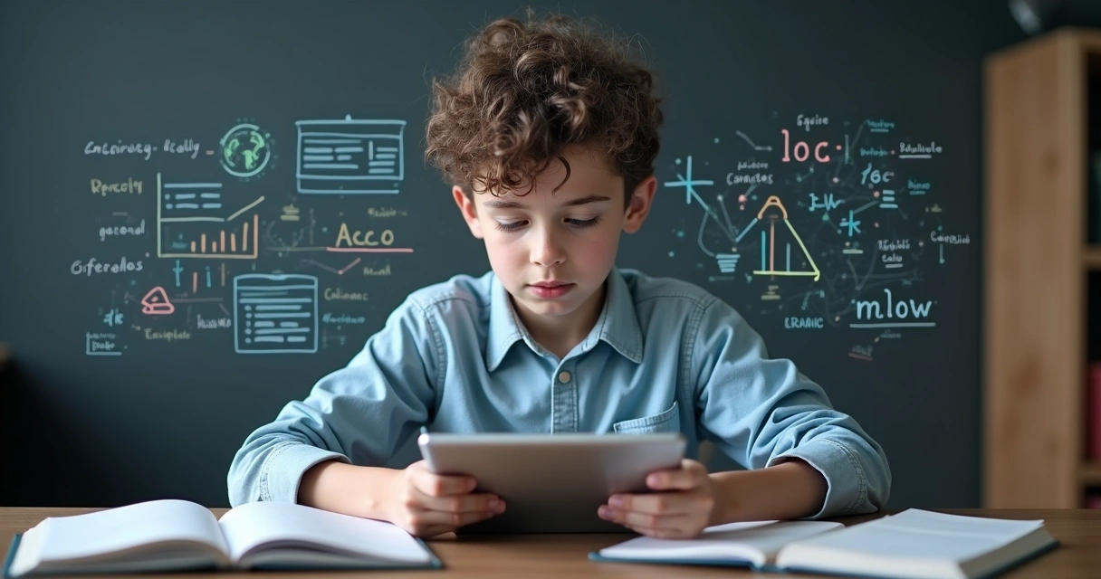 Estudante adolescente utilizando tablet com gráficos de IA ao redor 