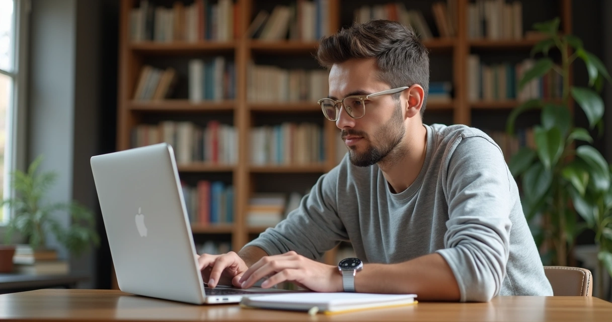 Homem adulto estudando com notebook e caderno sobre a mesa 