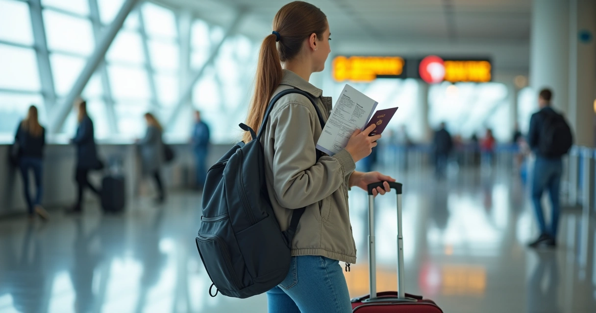Estudante com passaporte e documentos no aeroporto 