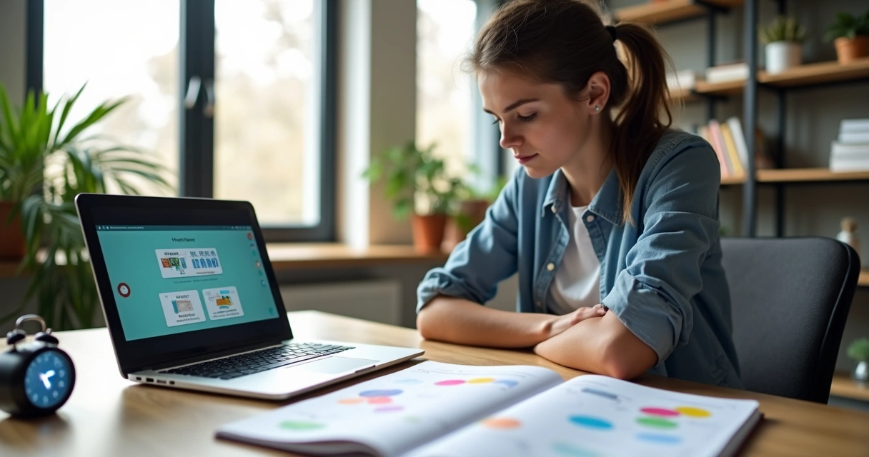 Estudante concentrado estudando em ambiente organizado com laptop, caderno e luz natural 