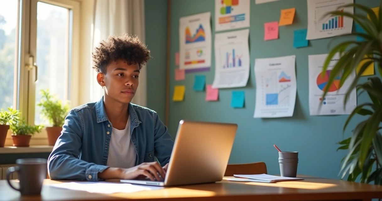 Estudante observa gráficos de tendências de trabalho