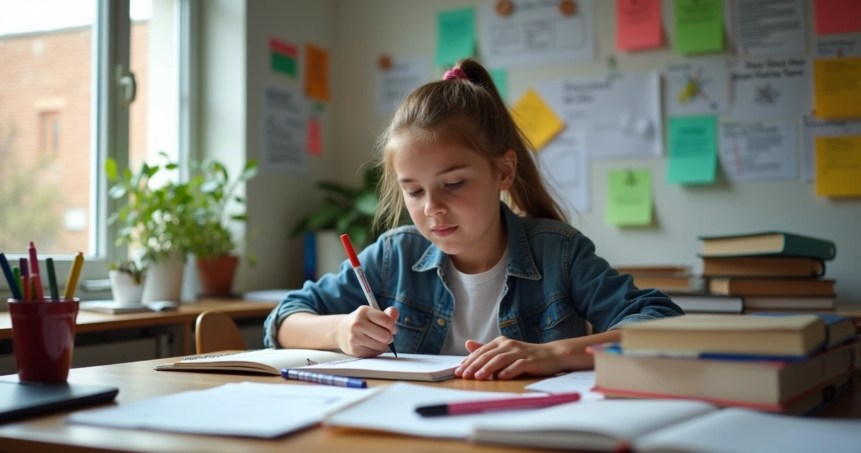 Estudante anotando em caderno com material de estudo ao redor