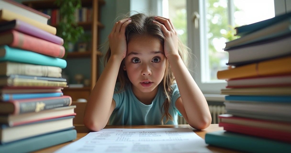 Estudante sentado com muitos livros, expressão ansiosa.