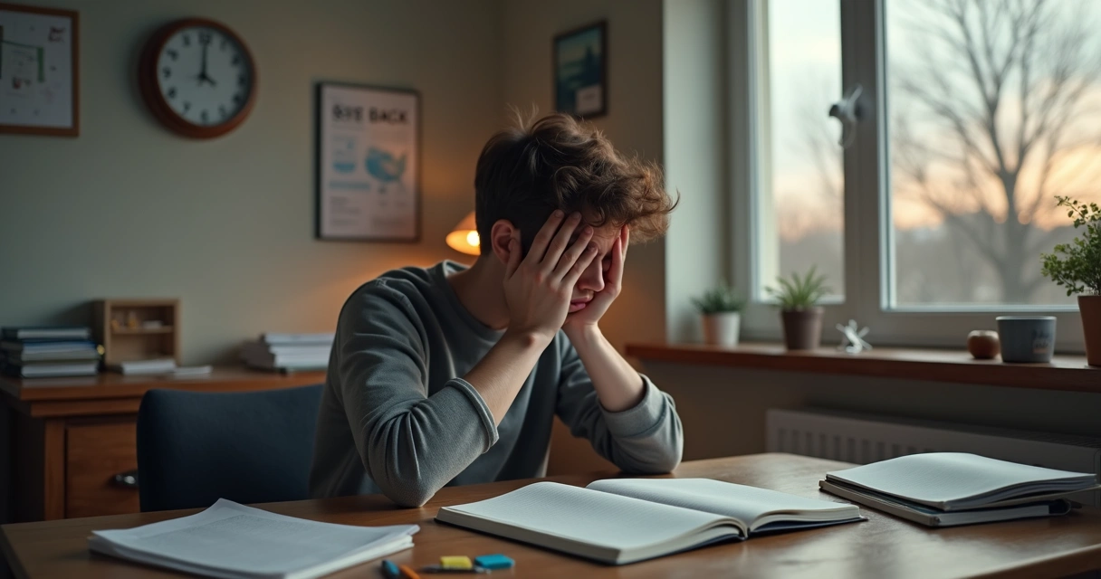 Jovem sentado à mesa com expressões de ansiedade e várias apostilas à sua volta