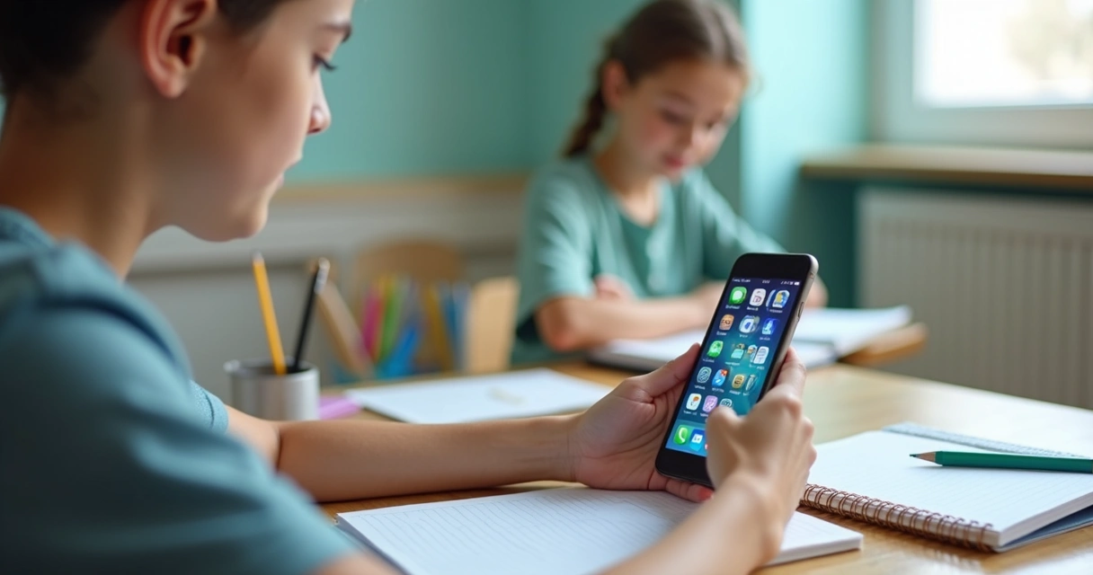 Estudante visualizando aplicativos de estudo no celular 