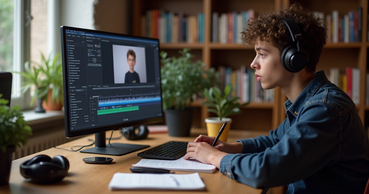Pessoa estudando com notebook, caderno e câmera fotográfica 