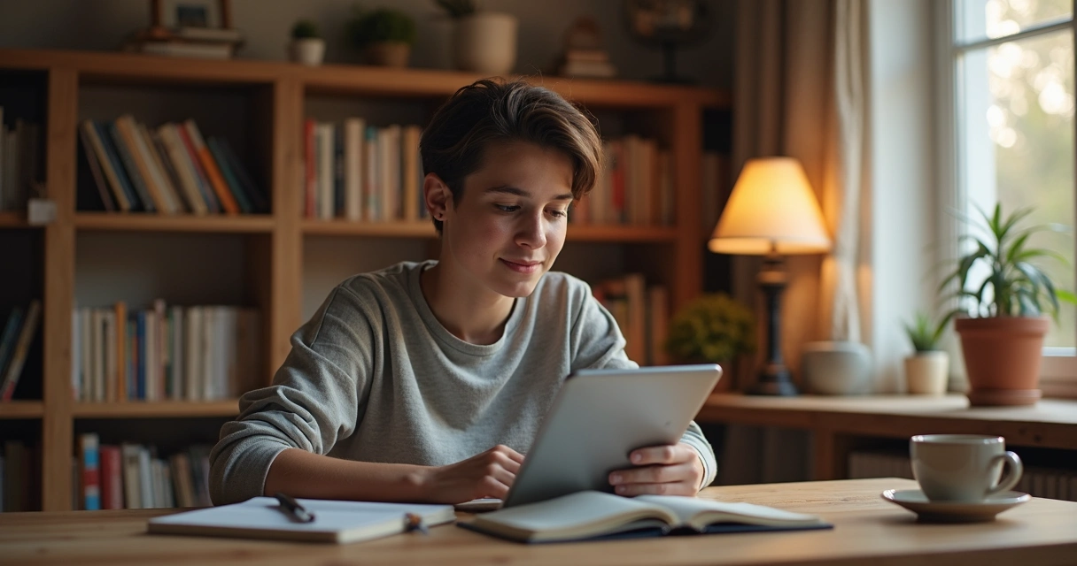 Jovem estudando cursos online em casa com tablet e caderno ao lado, ambiente aconchegante 