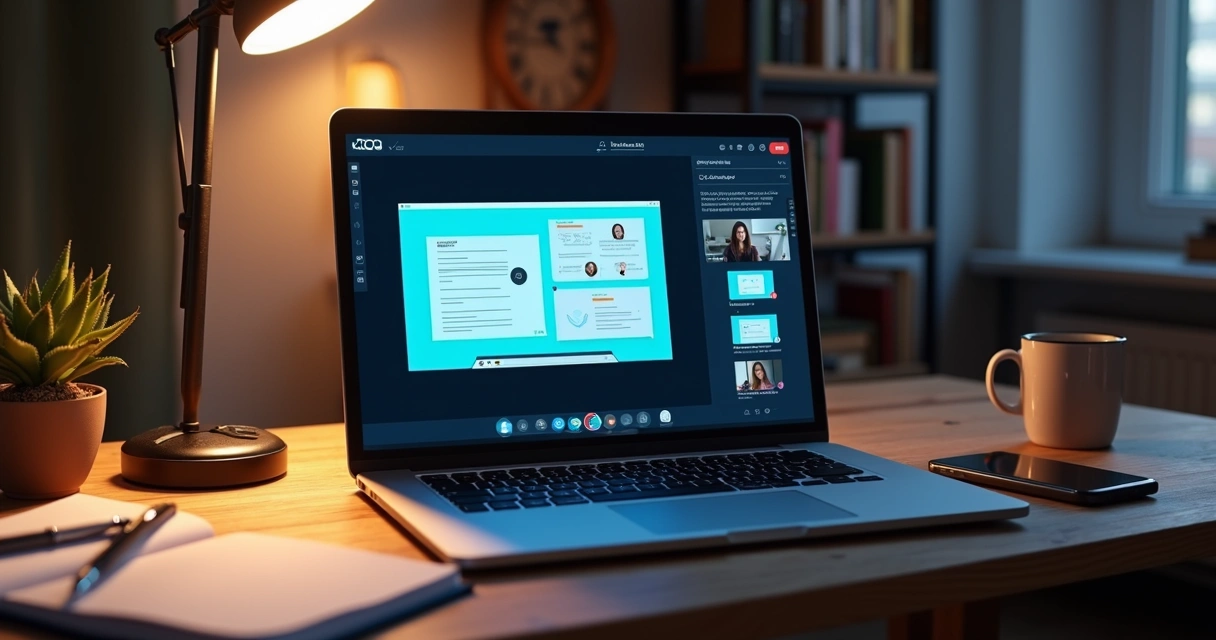 Aluno assistindo aula ao vivo em notebook com videoconferência aberta 