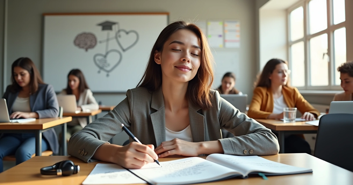 Estudante universitário escrevendo em caderno enquanto pratica autorregulação em sala de aula 