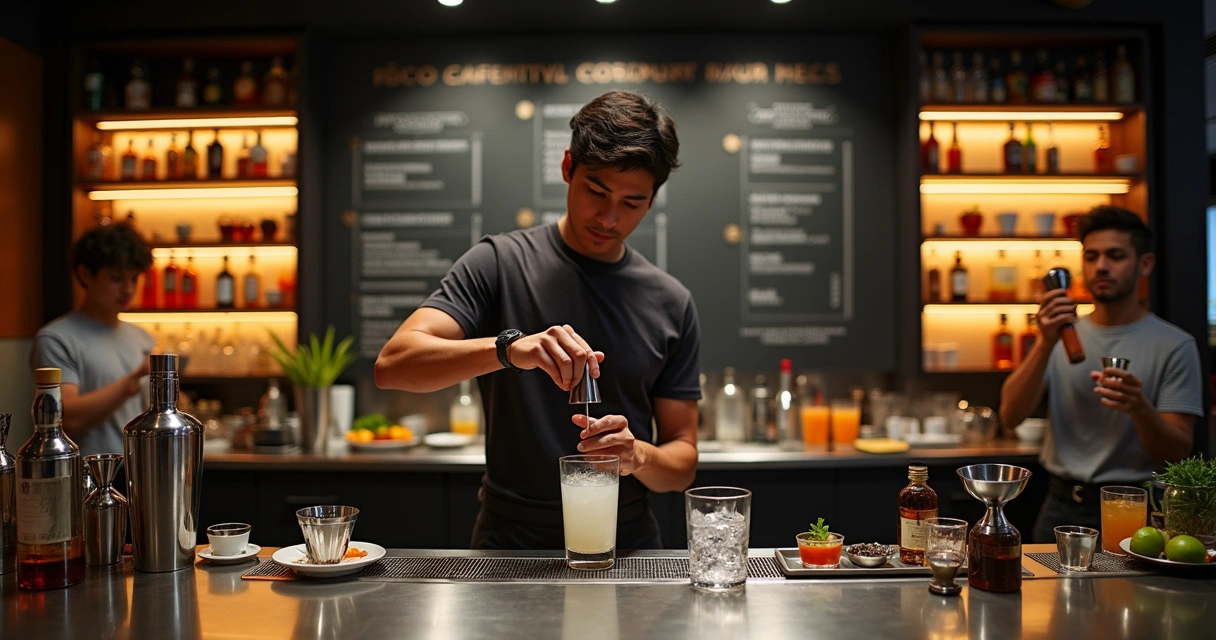 Estudante bartender praticando coquetelaria em estação de bar profissional 