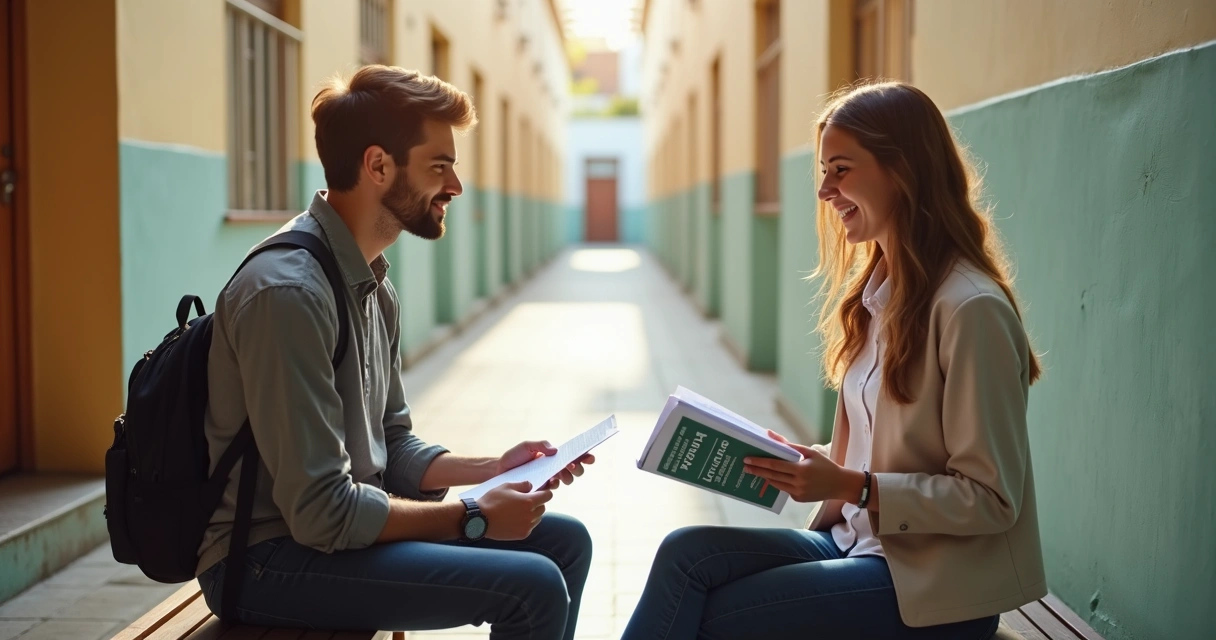 Estudante conversando sobre direitos em ambiente escolar 