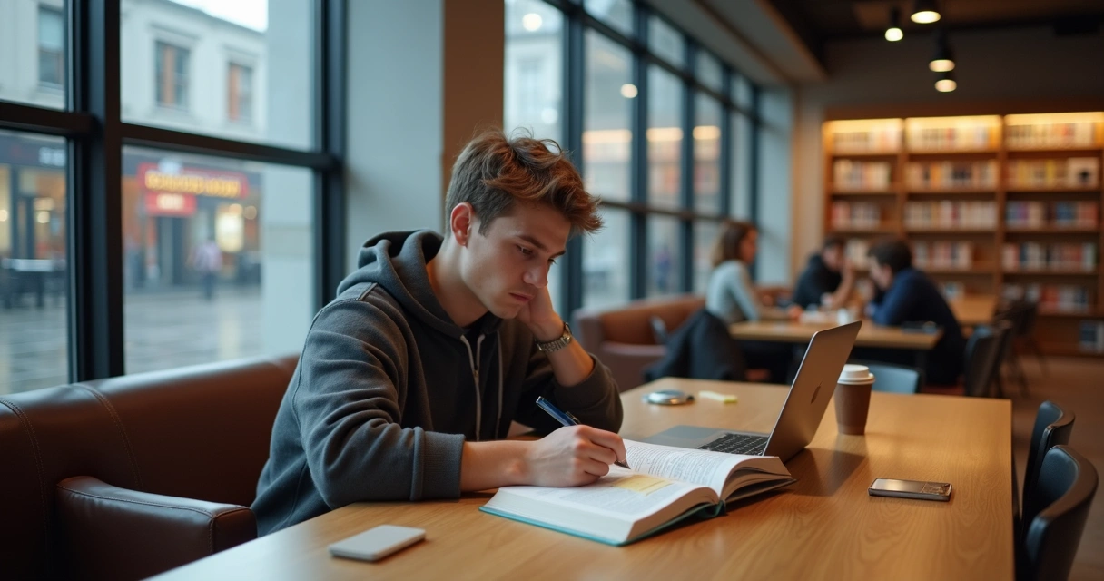 Estudante em biblioteca pública no centro de Dublin. 