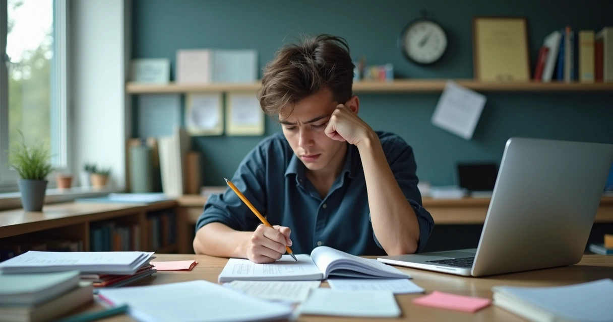 Estudante diante de cadernos com expressão de tensão