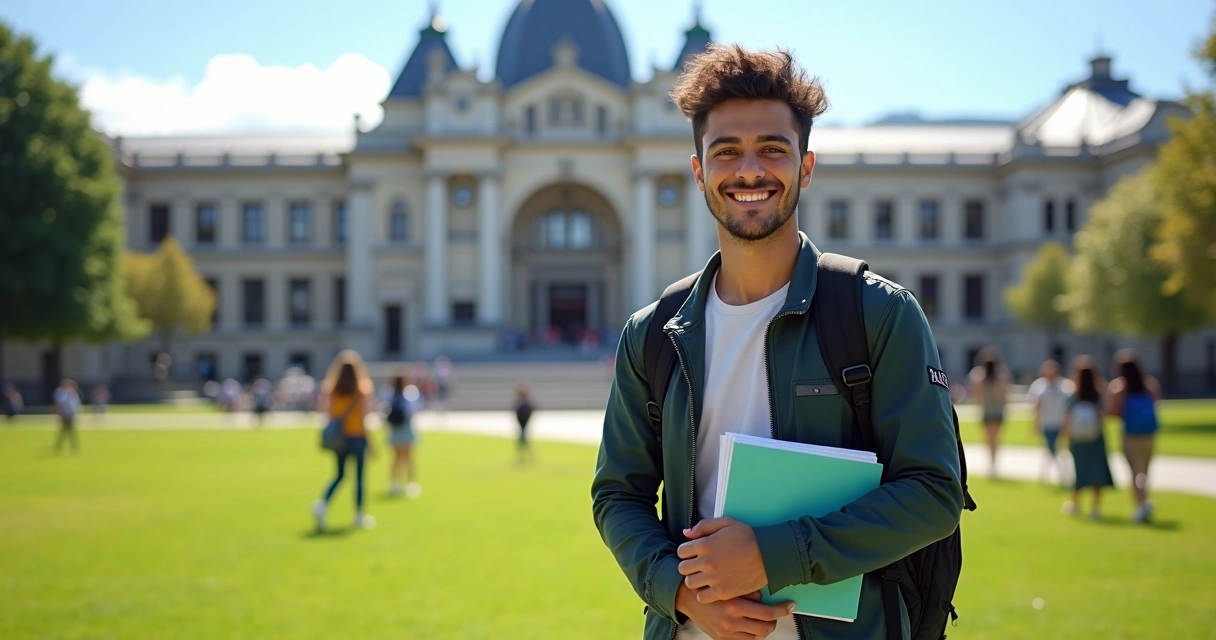 Estudante brasileiro na Nova Zelândia em frente à universidade. 