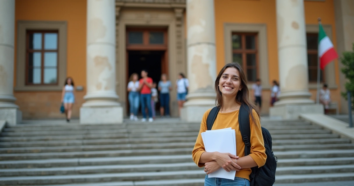 Estudante brasileiro feliz em frente a uma universidade na Itália. 