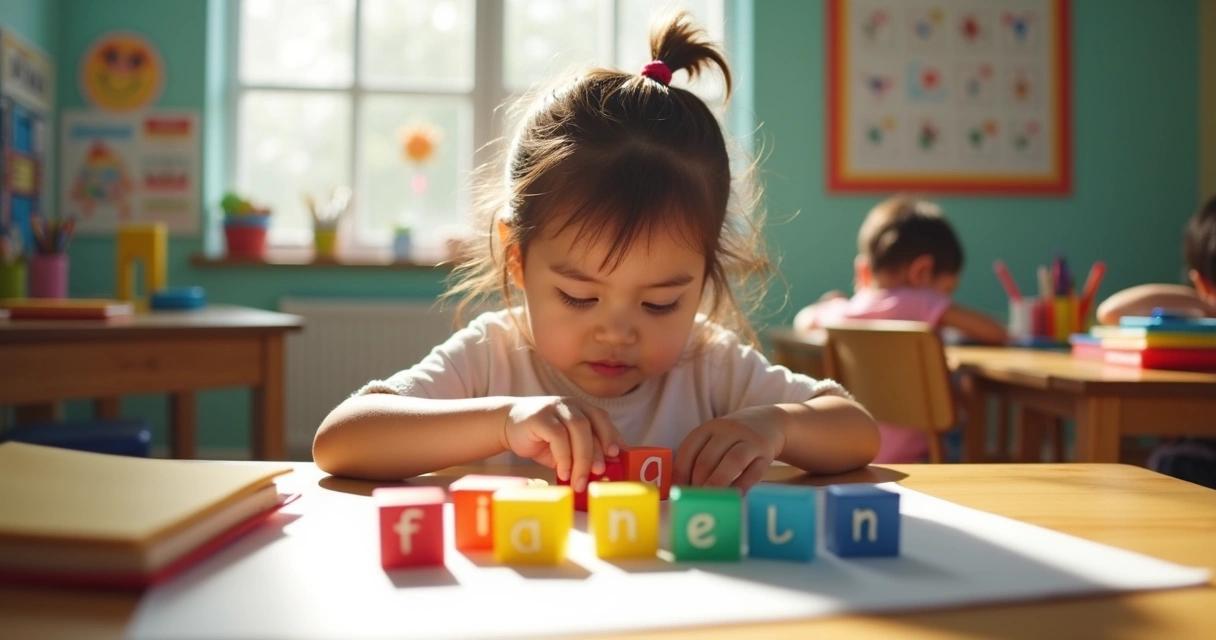 Criança do 2º ano brincando com letras em mesa colorida 