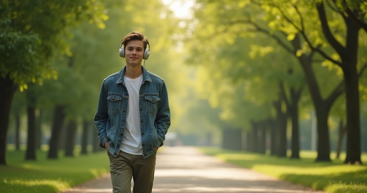 Estudante caminhando ao ar livre para relaxar durante estudos.