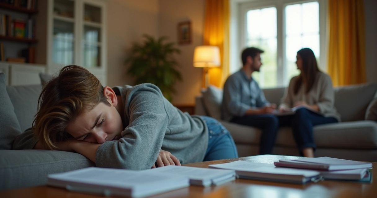 Adolescente deitado no sofá com livros ao redor