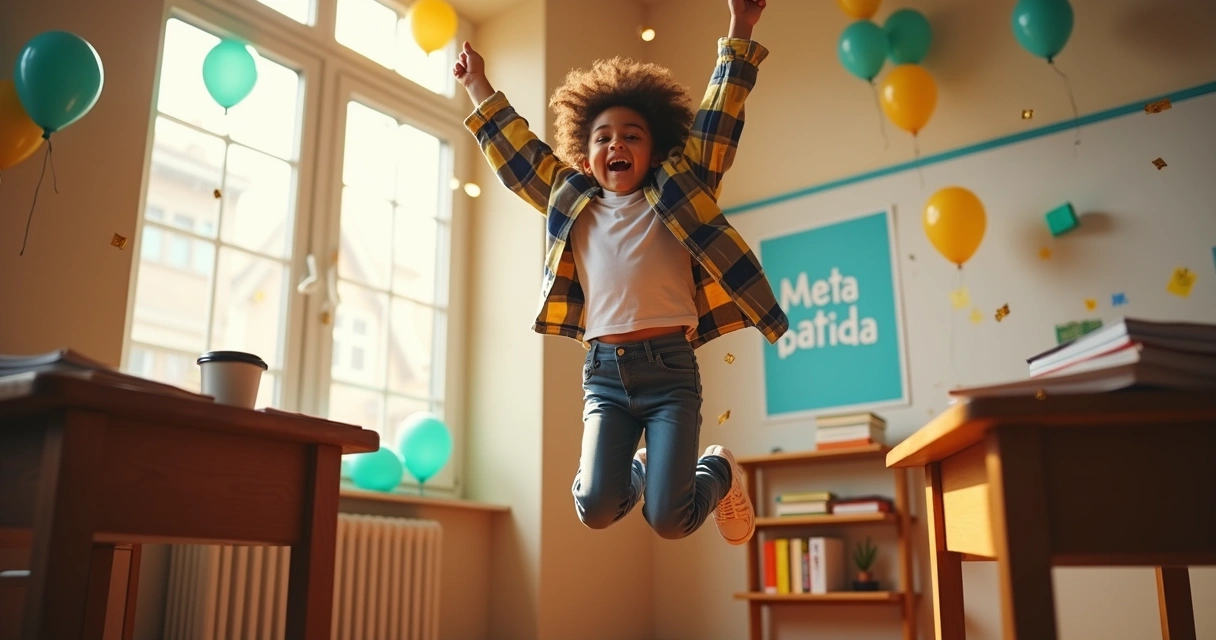 Estudante sorrindo e comemorando nova conquista de estudo 
