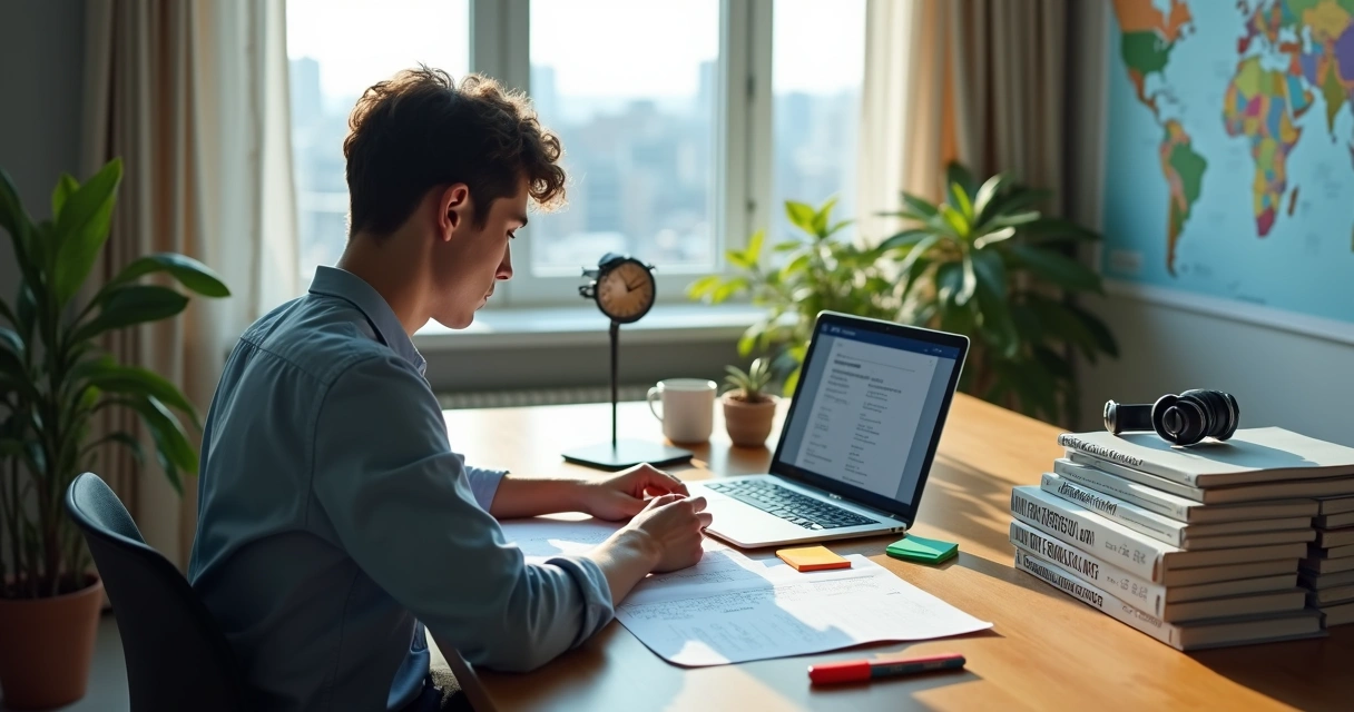 Estudante avançado revisando materiais para o exame C2 Proficiency em mesa de estudos moderna 