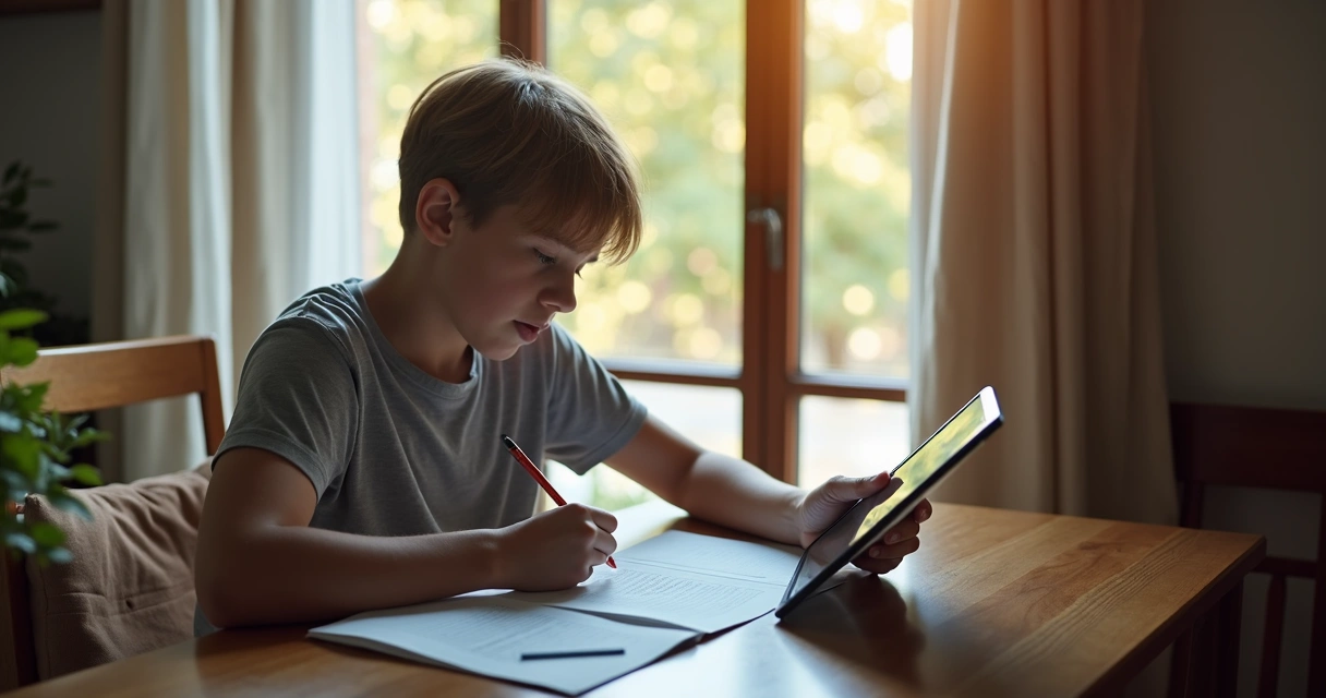 Jovem sentado à mesa estudando com tablet aberto, materiais de papel à frente, ambiente caseiro e tranquilo.