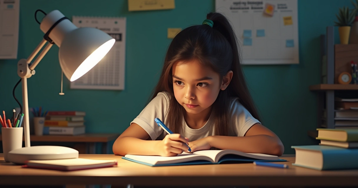 Estudante sentado com materiais de estudo, rodeado de cadernos e livros