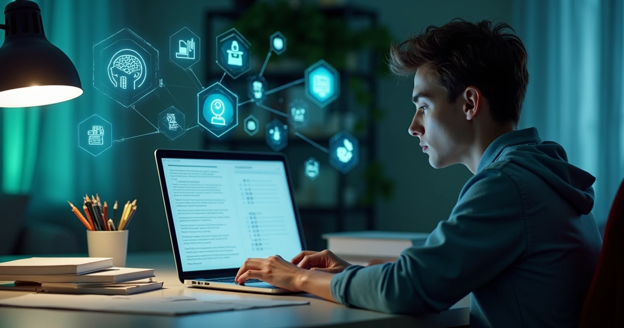 Estudante pesquisando com laptop e livros e elementos digitais de IA ao redor 