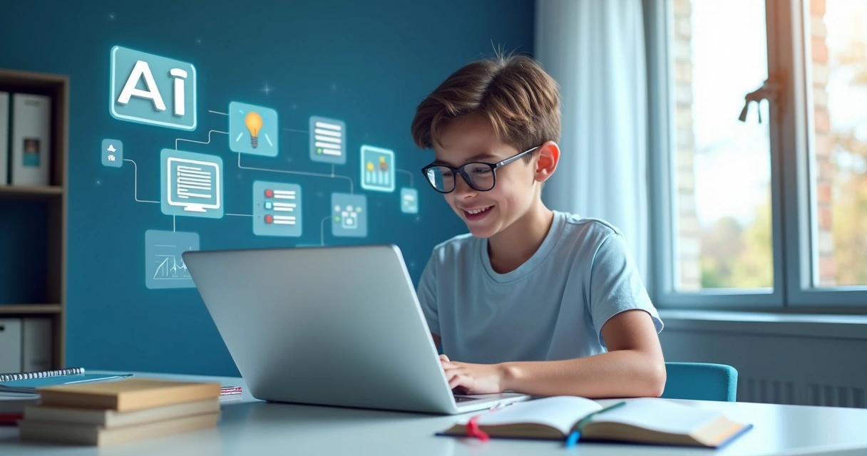 Pessoa estudando com notebook rodeado por ícones de inteligência artificial 