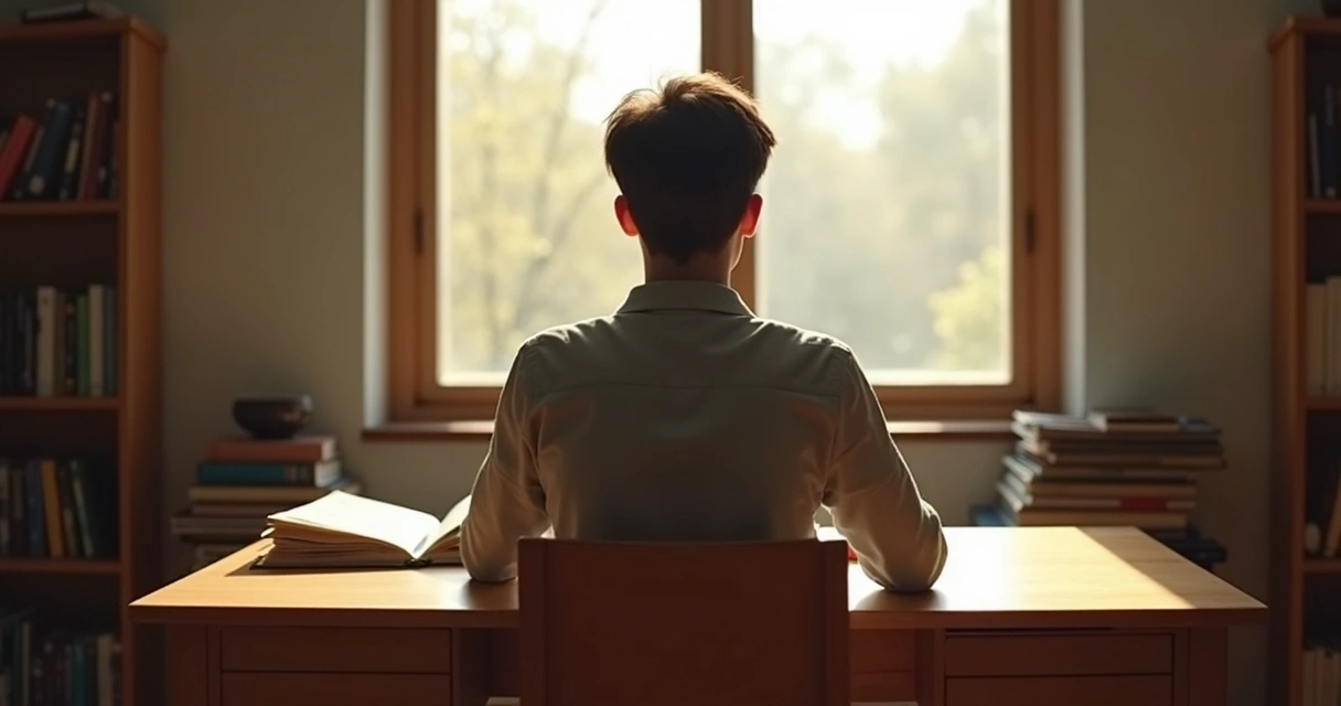 Aluno de costas sentado à mesa de estudos, olhando para fora de uma janela iluminada, em atitude contemplativa e calma 