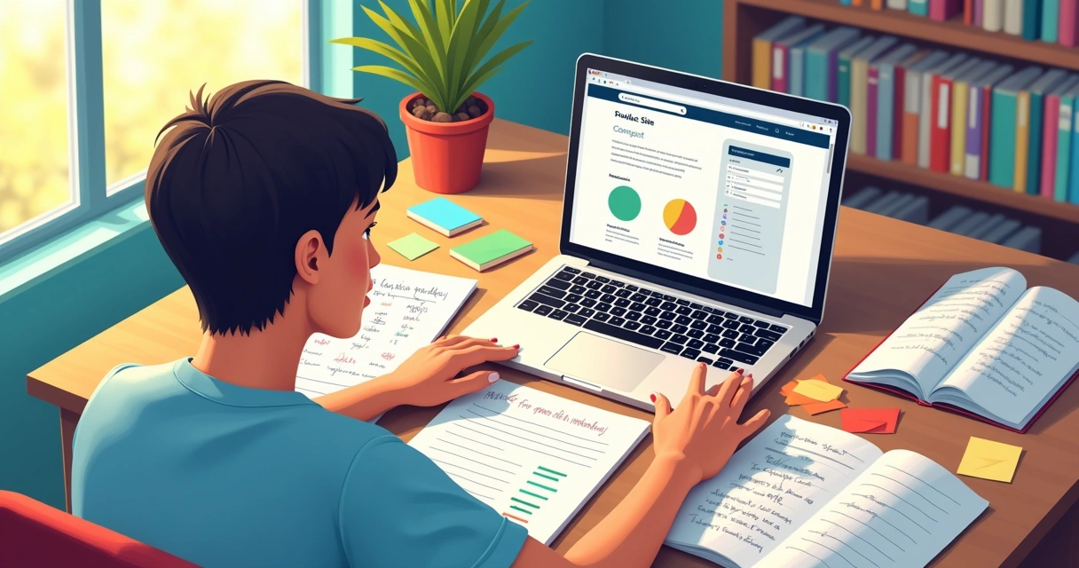 Pessoa digitando no notebook rodeada de anotações e livros 