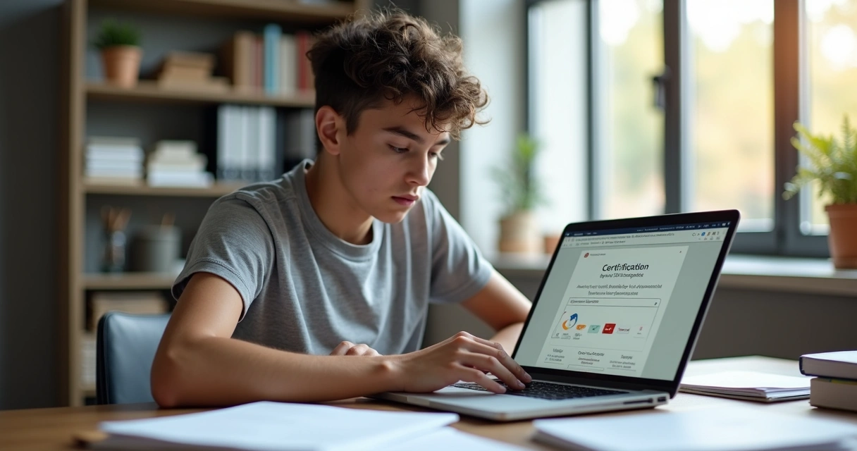 Jovem estudando em computador e exibindo certificado virtual 