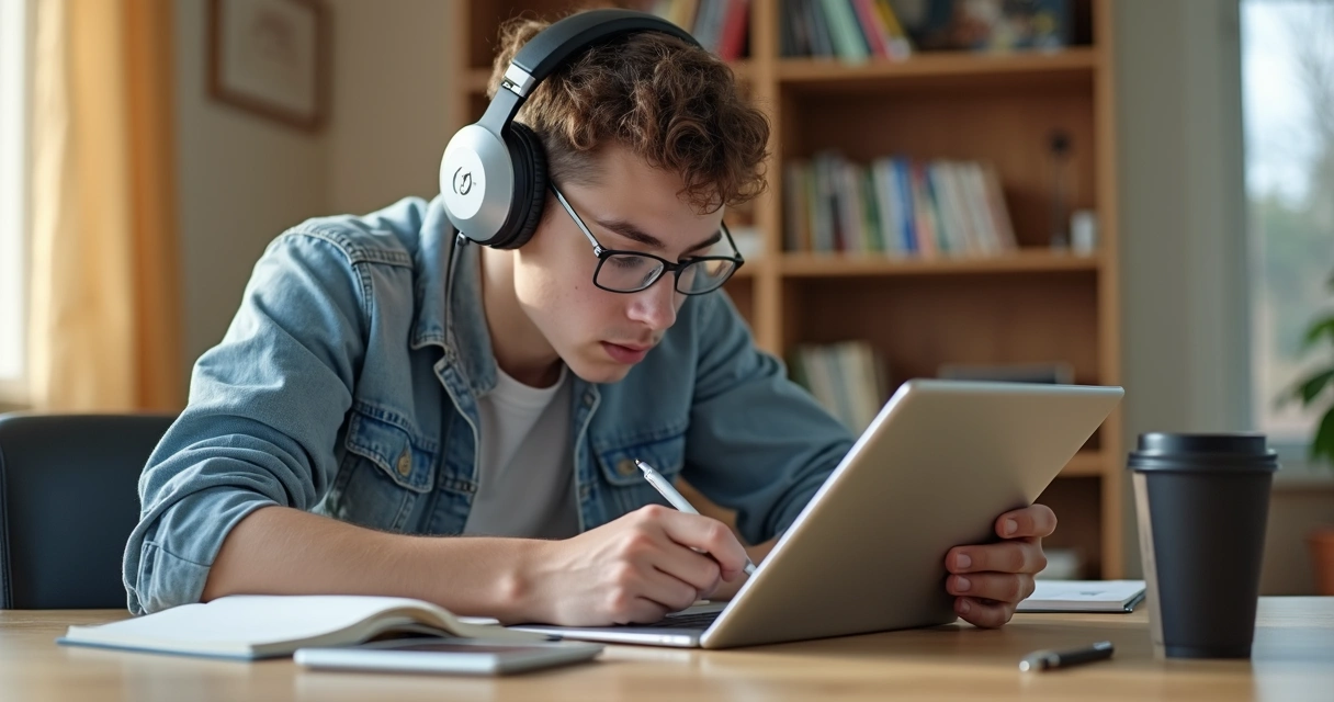 Jovem estudando com headset e tablet 