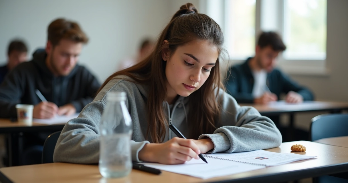 Estudante concentrado de cabeça baixa realizando prova no ENEM 