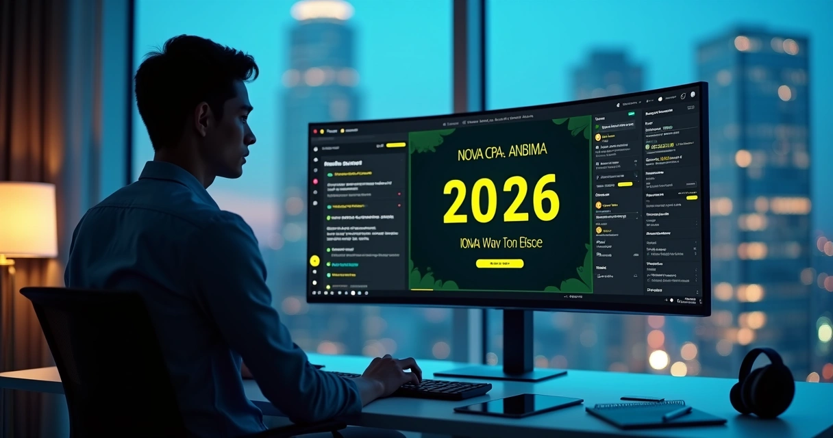 Estudante acompanhando contagem regressiva digital para prova da nova CPA ANBIMA em ambiente moderno de estudos 