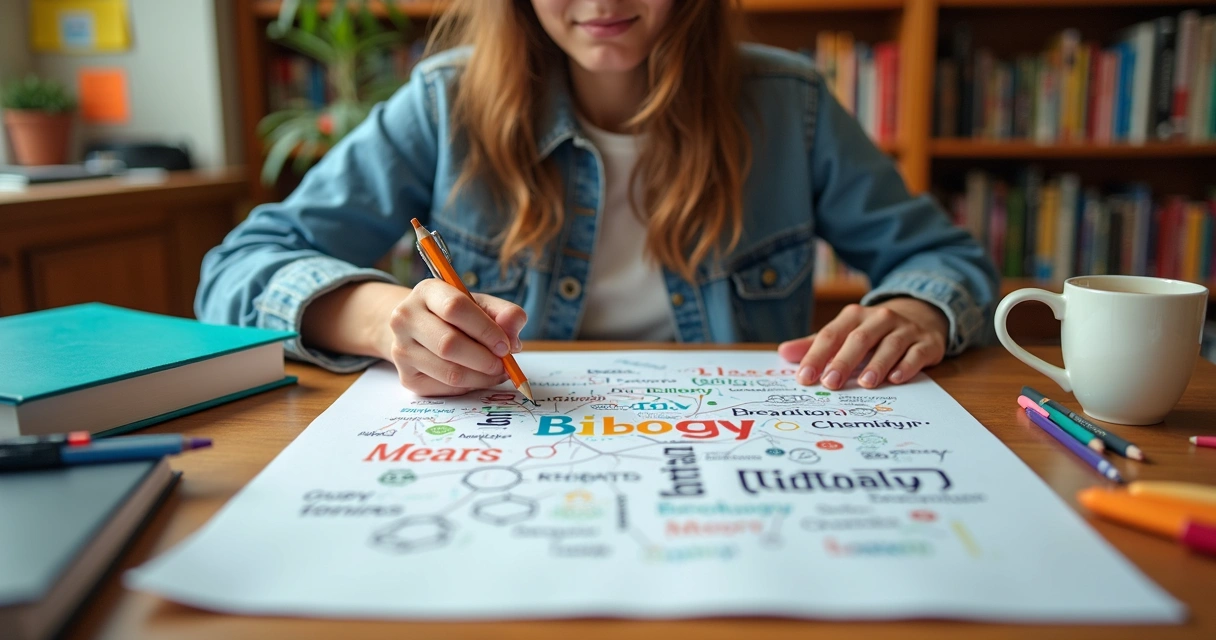 Estudante cria mapa mental colorido em folha grande