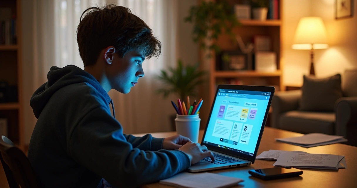 Aluno de cursinho online estudando em casa com plataforma aberta no notebook 