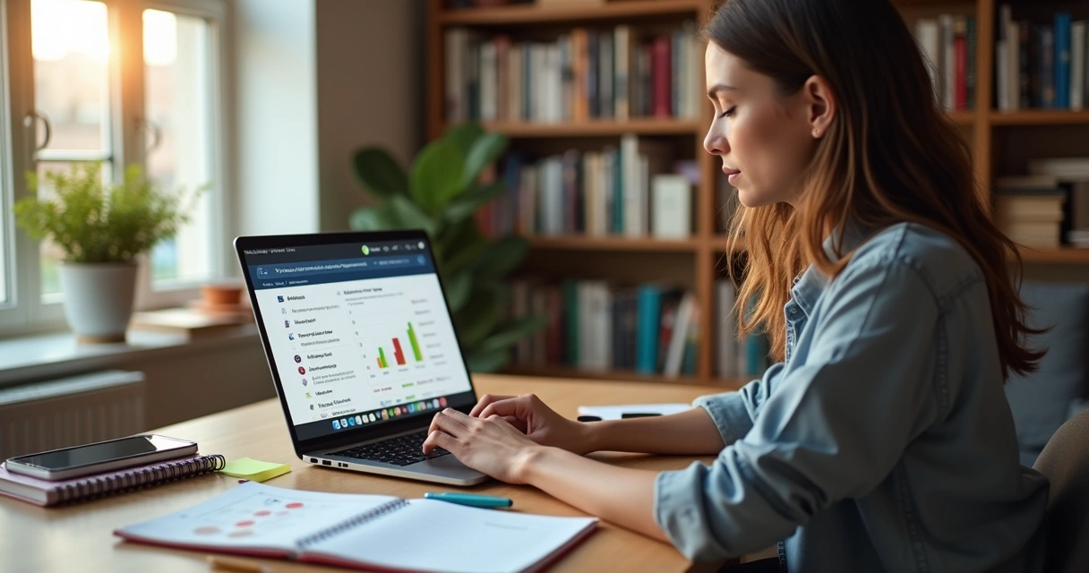 Estudante adulta assiste curso de extensão online em notebook com anotações na mesa 