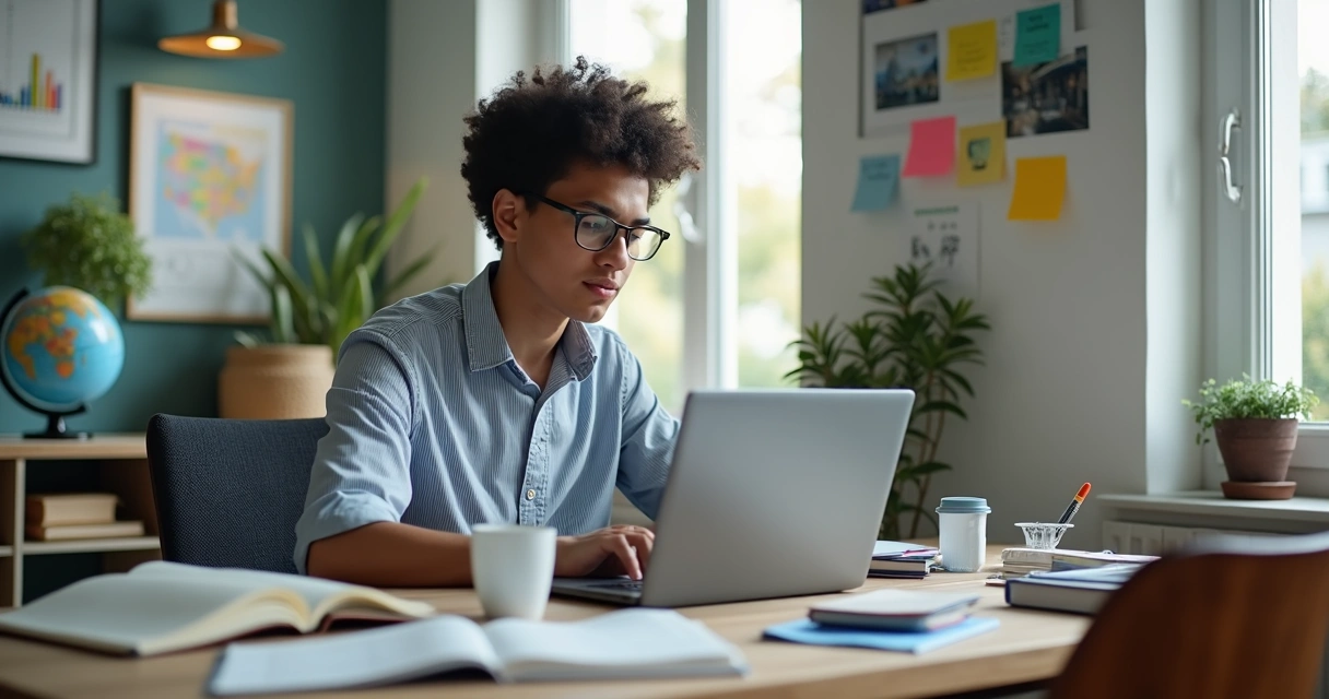 Pessoa estudando em computador com cadernos ao lado 