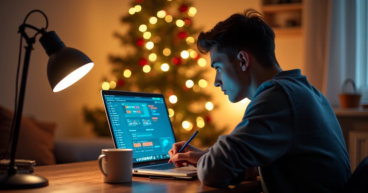 Jovem estudando cursos online de tecnologia em notebook perto de árvore de Natal 