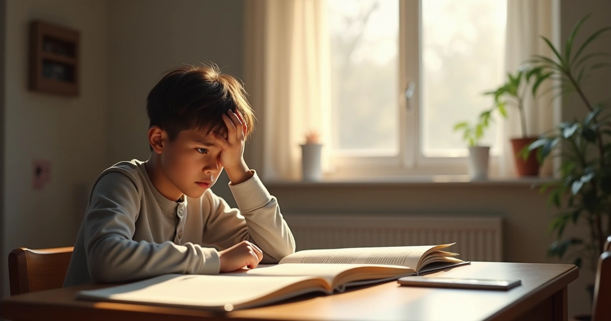 Estudante sentado em quarto estudando, com expressão pensativa enfrentando desafios 