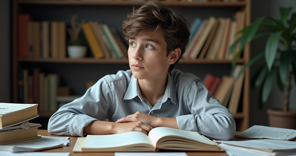 Jovem estudante pensativo olhando para opções de vestibular