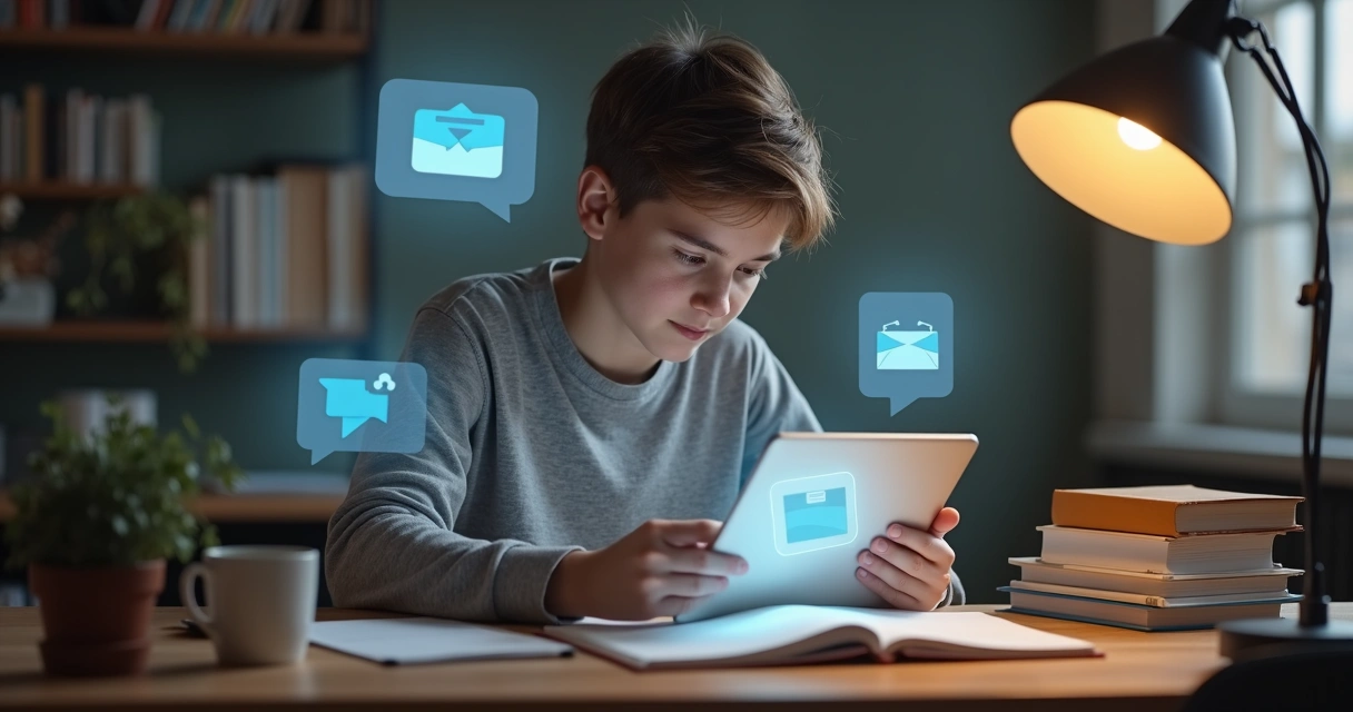 Estudante recebendo mensagens automáticas em tablet enquanto estuda 
