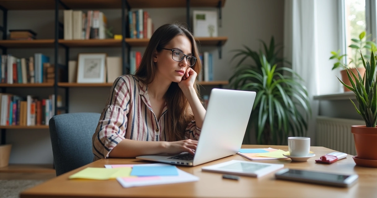 Mulher sentada em casa estudando pelo notebook