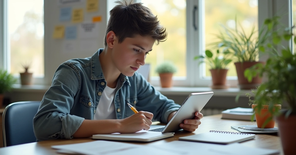 Jovem estudando em casa com tablet e caderno 