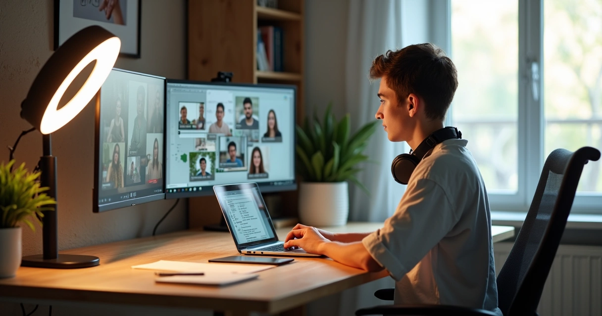 Estudante em ambiente moderno usando diversos equipamentos para estudo a distância 